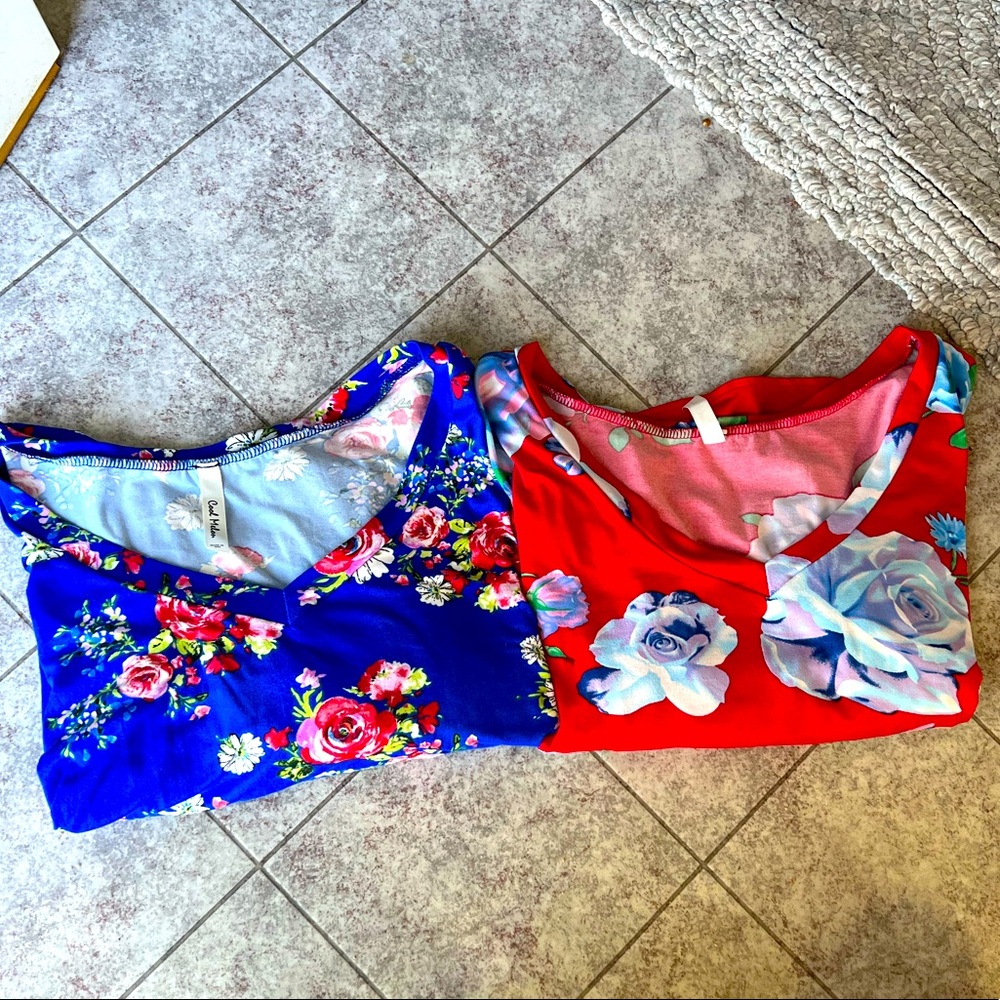 Set of two buttery soft tees size XL cool melon tops in blue and red floral